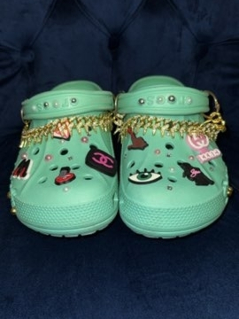 CROCS Mint Green Charm Sandals with Gold Chain Accents